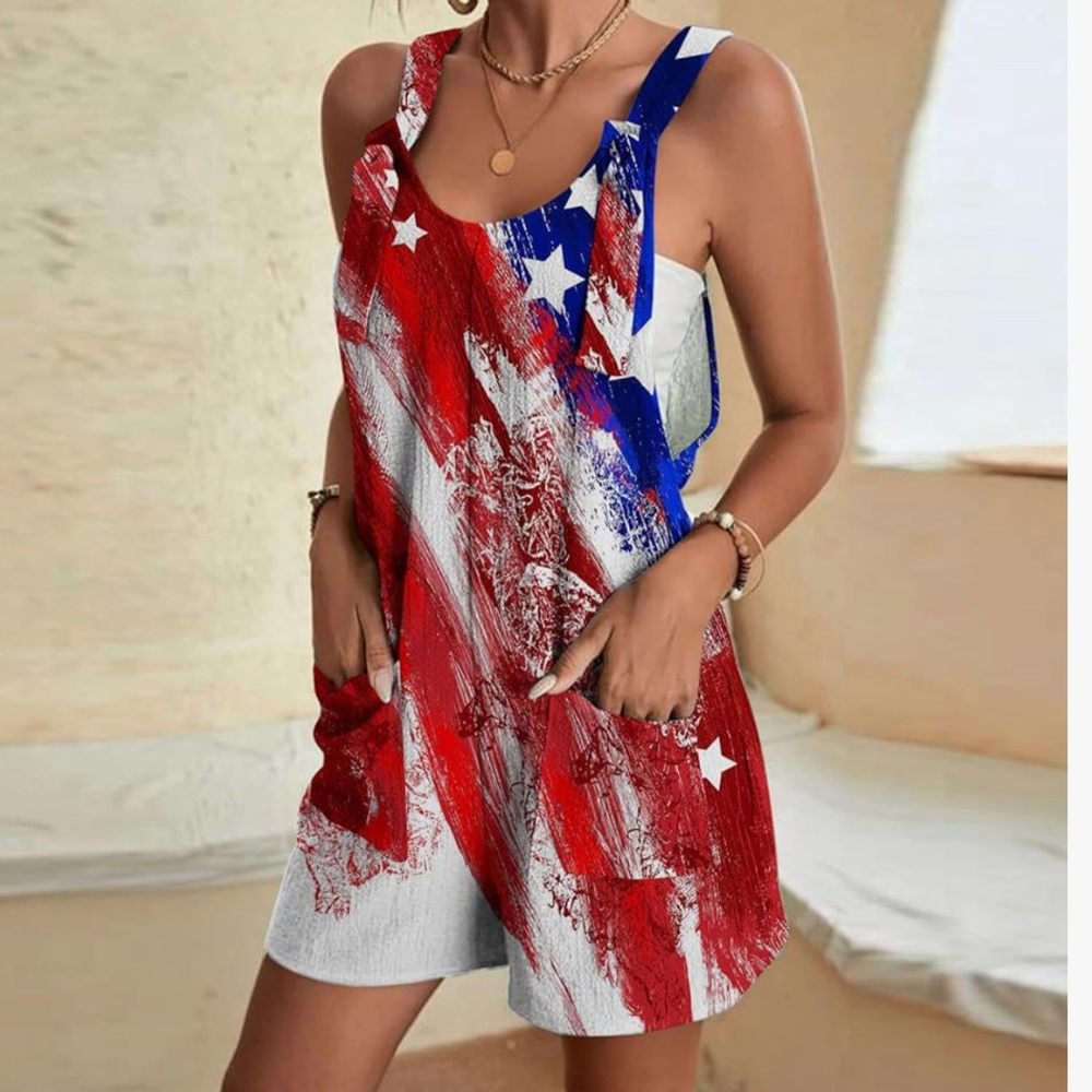 STARS AND STRIPES LINEN ROMPER Star-Patterned Red and Blue Romper romper with s